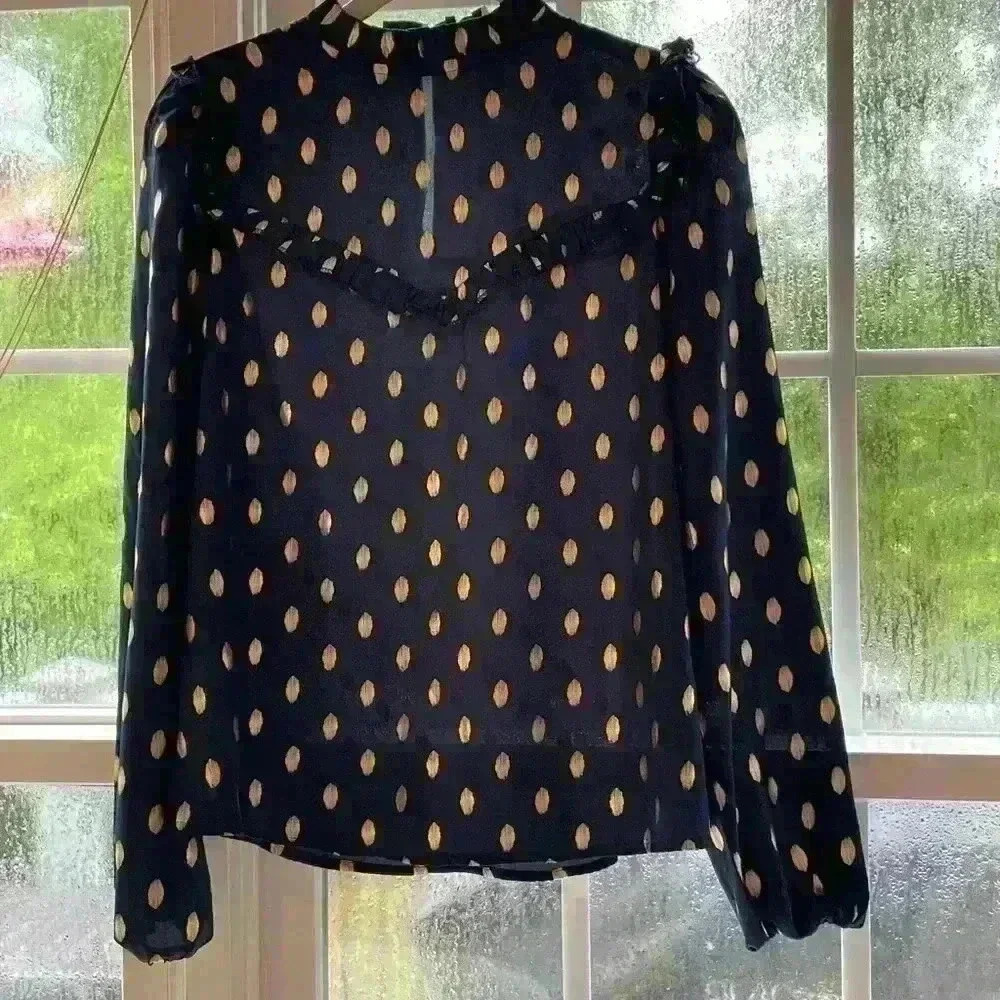 Navy Sheer Blouse with Gold Details Small